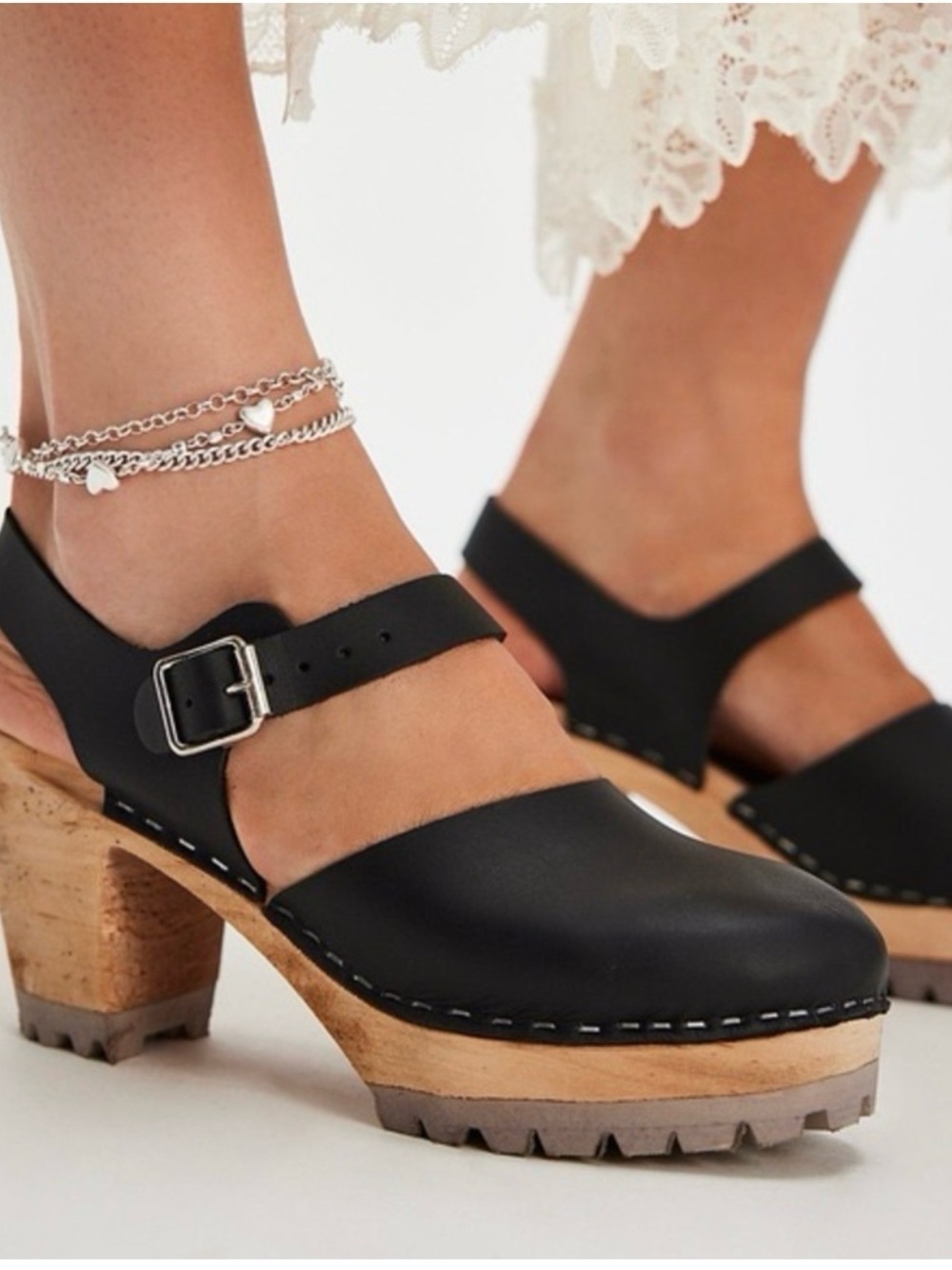 MIA Black Leather Wooden Platform Clog Sandals EU 36 US 6 Adjustable Buckle